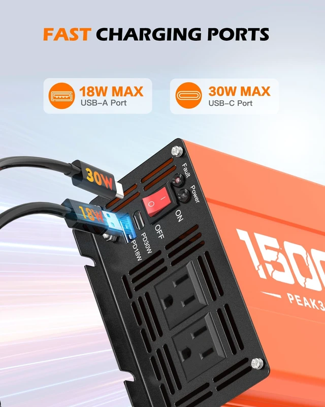Alt view image 5 of 5 - Joemnwart 1500W Inverter 12V DC to 120V AC Converter with 2 AC Outlets, QC3.0/PD30W Fast Charging USB Ports, Car Power Inverter Adapter for Vehicles