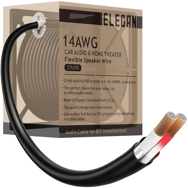 Main image of 14 Gauge 2 Conductor Speaker Wire 250 Ft Easy-Pull Box, 14 AWG CCA CL2 Low Voltage Parallel DC Hookup Alarm Cable, Outdoor UV Resistant in-Wall for LED Security Systems Home Theater Car Audio-Black