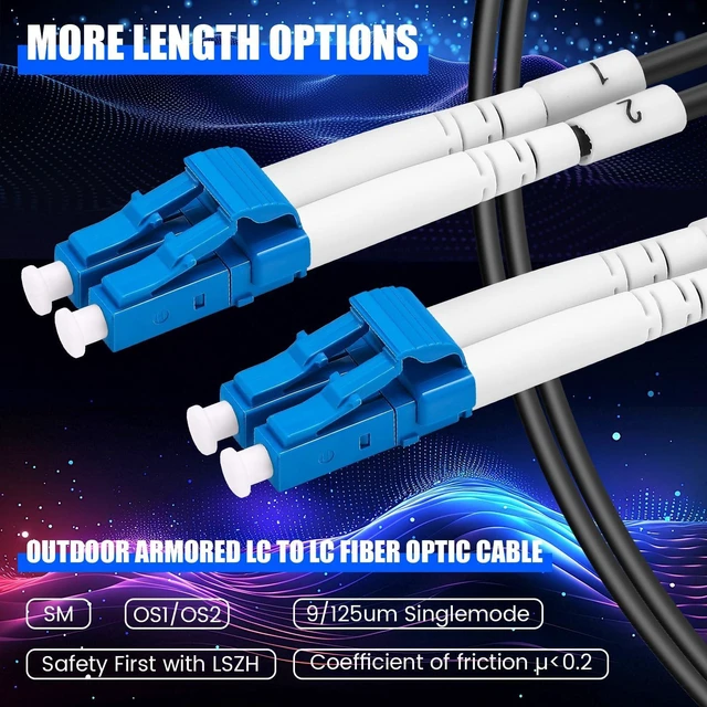 Alt view image 3 of 5 - Threlaco 330ft (100 Meters) Fiber Lc to Lc Outdoor Armored Fiber Optic Internet Cable 9/125um Lc Single Mode Duplex Fiber Cable Jumper, Compatible with OS1/OS2, Low Friction LSZH, Black