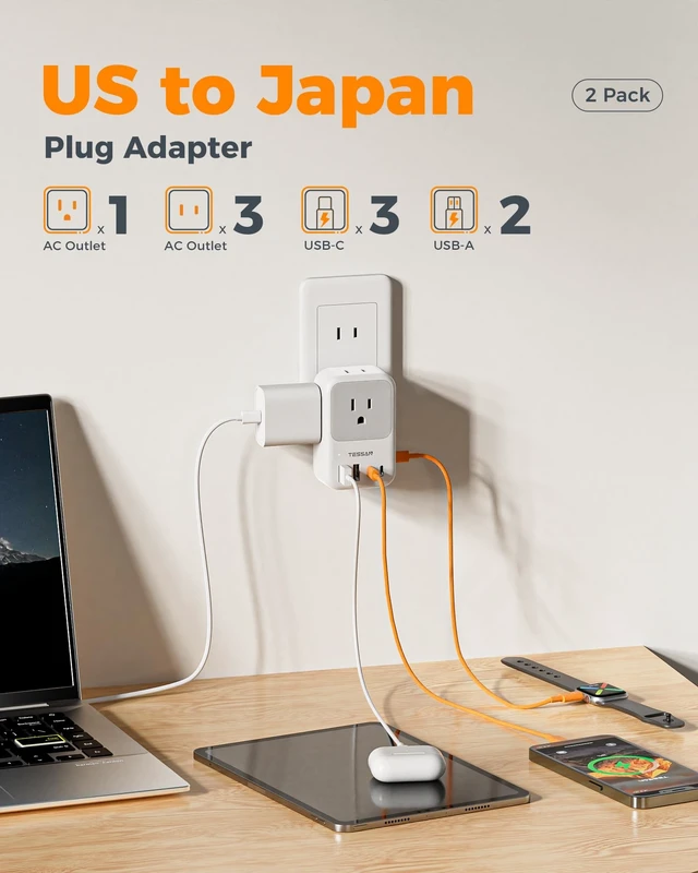 Alt view image 3 of 5 - TESSAN US to Japan Plug Adapter, 2 Pack, 2 Prong to 3 Prong Outlet