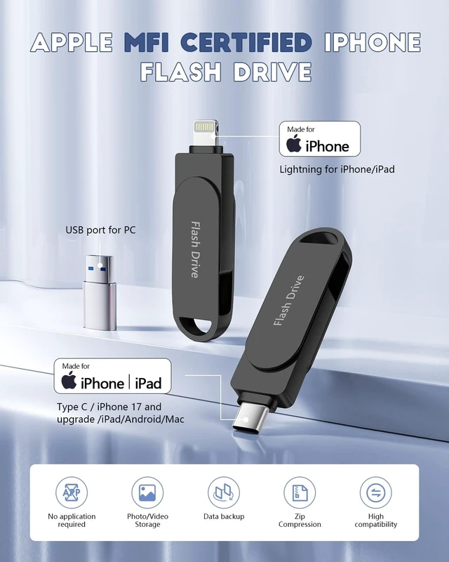 Alt view image 2 of 5 - (No APP Required) Apple MFi Certified Phone Photo Stick, USB Flash Drive 512GB for iPhone Memory Stick, 3-in-1 iPhone Photo Transfer Stick, High-Speed USB Thumb Drive for iPhone/iPad/Android/PC Black