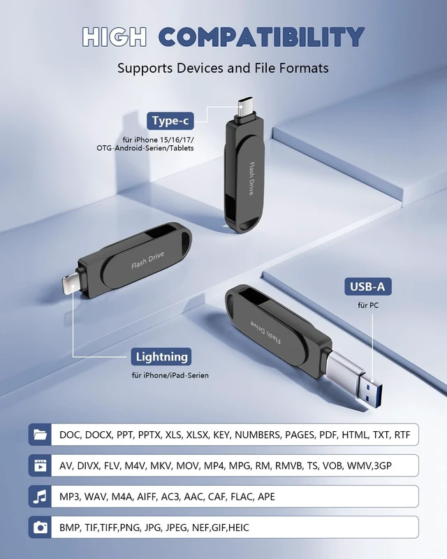 Alt view image 5 of 5 - (No APP Required) Apple MFi Certified Phone Photo Stick, USB Flash Drive 512GB for iPhone Memory Stick, 3-in-1 iPhone Photo Transfer Stick, High-Speed USB Thumb Drive for iPhone/iPad/Android/PC Black