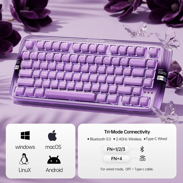 Alt view image 2 of 5 - CoolKiller CK75SE 75% Mechanical Keyboard with Crystal Jelly Keycaps, Tri-Mode Wirelss, RGB Backlit, Hot Swappable Gasket Mounted Keyboard for Windows/Mac, Jelly Purple
