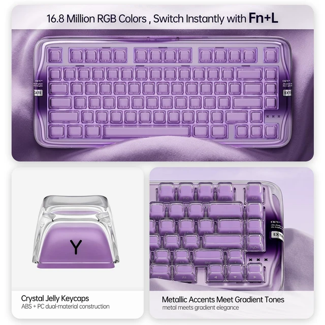 Alt view image 3 of 5 - CoolKiller CK75SE 75% Mechanical Keyboard with Crystal Jelly Keycaps, Tri-Mode Wirelss, RGB Backlit, Hot Swappable Gasket Mounted Keyboard for Windows/Mac, Jelly Purple