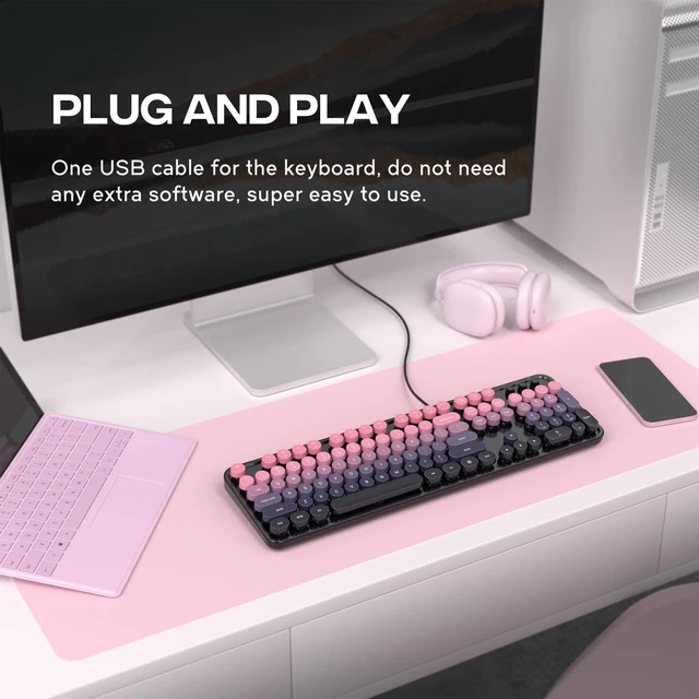 Alt view image 2 of 5 - Dilter Wired Retro Typewriter Keyboard, Full Size USB Plug-and-Play Keyboard with Round Keycaps & Numeric Keypad, Comfortable Typing for Windows PC Laptop Home Office