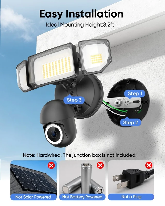 Alt view image 2 of 5 - Atfoyer Floodlight Camera Hardwired 6500LM, 2K+ UHD Outdoor Security Camera, 360 Pan & Tilt View, AI Detection & Tracking, 24/7 Recording, Color Night Vision, 5GHz/2.4GHz WiFi, Compatible with Alexa