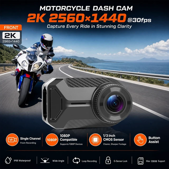 Alt view image 2 of 5 - Mini Motorcycle Dash Cam 2K Front & 1080P Screenless HD Rear Dual Camera with Find My Tracker, IP66 Waterproof, No SIM Card Required, Loop Recording, Easy Install for Motorcycle Bike