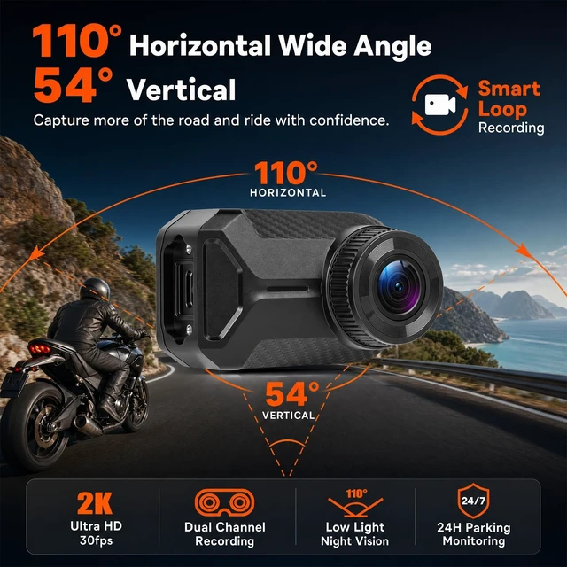 Alt view image 3 of 5 - Mini Motorcycle Dash Cam 2K Front & 1080P Screenless HD Rear Dual Camera with Find My Tracker, IP66 Waterproof, No SIM Card Required, Loop Recording, Easy Install for Motorcycle Bike