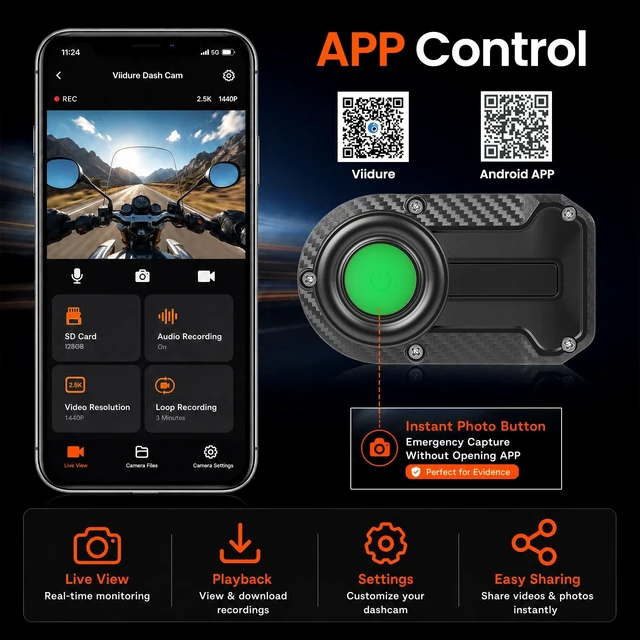 Alt view image 4 of 5 - Mini Motorcycle Dash Cam 2K Front & 1080P Screenless HD Rear Dual Camera with Find My Tracker, IP66 Waterproof, No SIM Card Required, Loop Recording, Easy Install for Motorcycle Bike