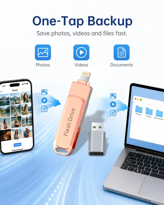 Alt view image 5 of 5 - 512GB MFi Certified Photo Stick for iPhone Flash Drive, 3 in 1 USB Memory Stick Thumb Drive(Pink) for iPhone/iPad/Android/Mac/PC, Picture Keeper for Photos & Files Storage with ~484GB Available Space