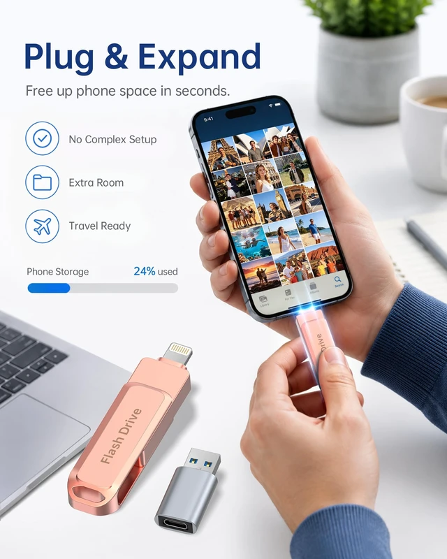 Alt view image 3 of 5 - 512GB MFi Certified Photo Stick for iPhone Flash Drive, 3 in 1 USB Memory Stick Thumb Drive(Pink) for iPhone/iPad/Android/Mac/PC, Picture Keeper for Photos & Files Storage with ~484GB Available Space
