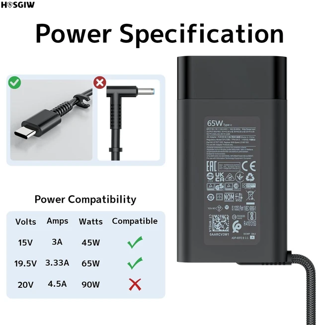 Alt view image 2 of 5 - 65W Type C Slim Charger for HP Spectre Envy EliteBook Pavilion X360 Laptop