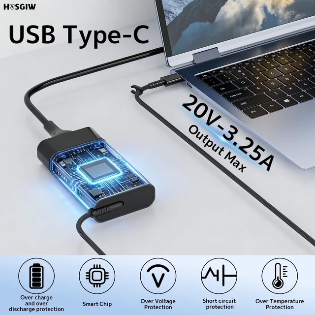 Alt view image 4 of 5 - 65W Type C Slim Charger for HP Spectre Envy EliteBook Pavilion X360 Laptop