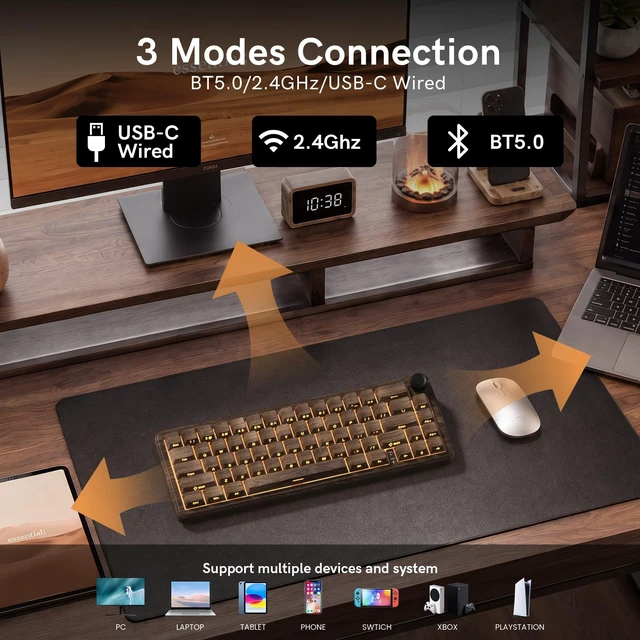 Alt view image 2 of 5 - womier L65 60% Brown Mechanical Keyboard with Knob,4000mAh,Tri Mode USB-C/BT5.0/2.4G,RGB Backlit,Hot Swap,Linear Switch,Gasket Mounted Wireless Gaming Keyboard for PC/Mac,Wood Pattern Theme