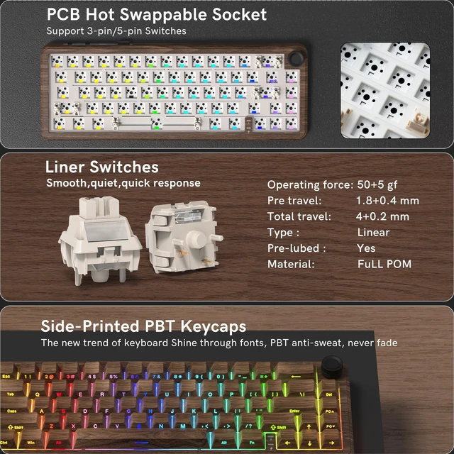 Alt view image 3 of 5 - womier L65 60% Brown Mechanical Keyboard with Knob,4000mAh,Tri Mode USB-C/BT5.0/2.4G,RGB Backlit,Hot Swap,Linear Switch,Gasket Mounted Wireless Gaming Keyboard for PC/Mac,Wood Pattern Theme