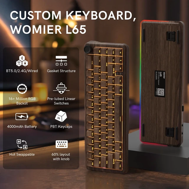 Alt view image 5 of 5 - womier L65 60% Brown Mechanical Keyboard with Knob,4000mAh,Tri Mode USB-C/BT5.0/2.4G,RGB Backlit,Hot Swap,Linear Switch,Gasket Mounted Wireless Gaming Keyboard for PC/Mac,Wood Pattern Theme