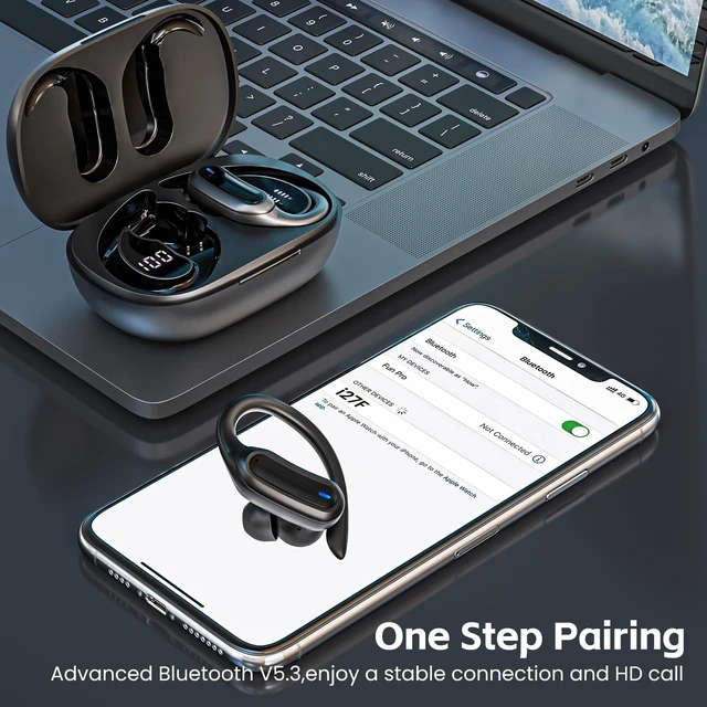 Alt view image 5 of 5 - TRAUSI Wireless Bluetooth 5.4 Headphones, Fast Charging Stereo Earphones with Noise Cancelling Mic, IPX7 Waterproof and Comfort Fit Ear Buds for Fitness, Workouts Black