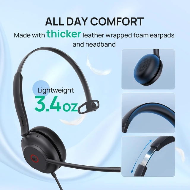 Alt view image 4 of 5 - Yealink UH35 Wired Headset, USB-A, AI Noise Canceling Mic,HD Audio, On-Ear