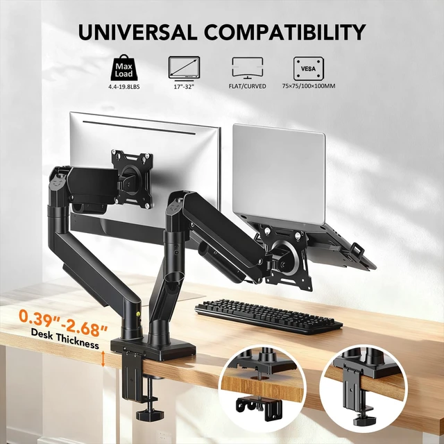Alt view image 2 of 5 - Dual Monitor Stand Adjustable Monitor Desk Mount for 1732 Computer Screens, Full Motion VESA Pattern 75x75/100x100 with C-Clamp & Grommet Aluminum Base, Each Arm Holds 4.4 to 20 lbs HD09B-201