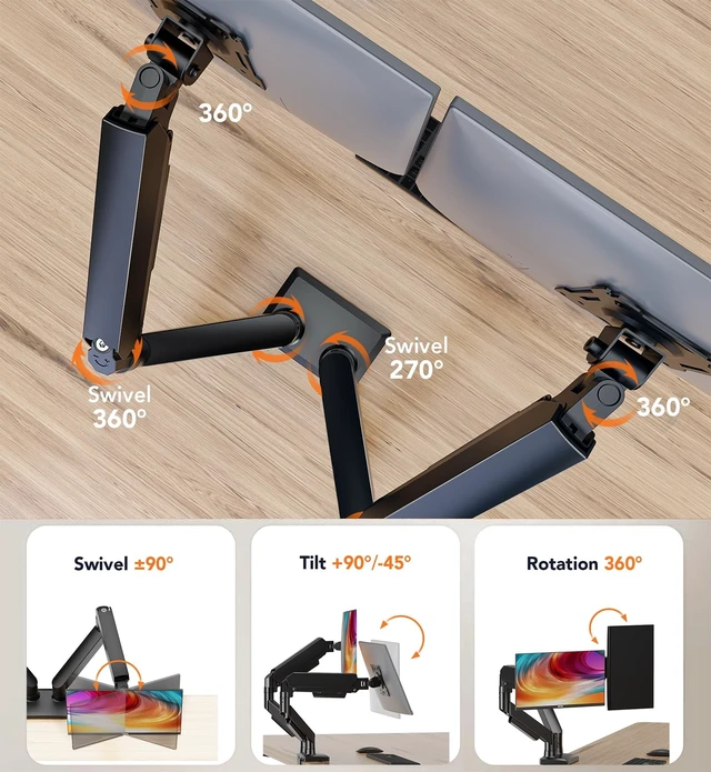 Alt view image 4 of 5 - Dual Monitor Stand Adjustable Monitor Desk Mount for 1732 Computer Screens, Full Motion VESA Pattern 75x75/100x100 with C-Clamp & Grommet Aluminum Base, Each Arm Holds 4.4 to 20 lbs HD09B-201