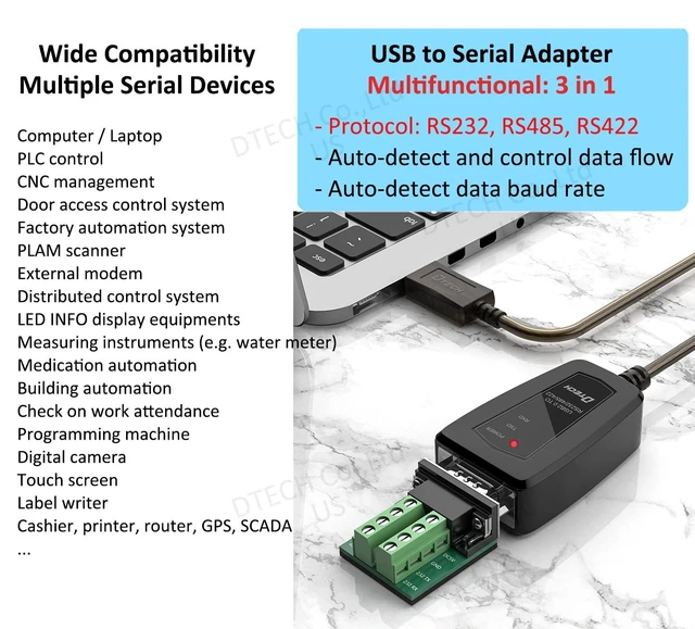 Alt view image 3 of 5 - DTECH USB to Serial Adapter RS422 RS485 R232 to USB Cable (3 in 1 Interface) Supports DC 5V with Breakout Board LED Lights for Multi-Kind Control Devices Windows 11 10 8 7 XP Mac (1.5ft)