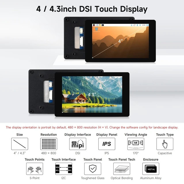 Alt view image 3 of 5 - waveshare 4inch DSI Capacitive Touch Display, Compatible with RPi 3A+/3B+/4B/5 480 800, IPS Display Panel, 5-Point Touch, Optical Bonding Toughened Glass Panel