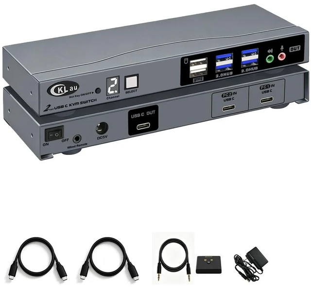 Main image of CKLau USB-C KVM Switch for 2 Computers and 1 Monitor, 8K@30Hz, 4K@144Hz, Thunderbolt 4/3 and USB4 Compatible, USB 3.0 Hub, Wired Remote
