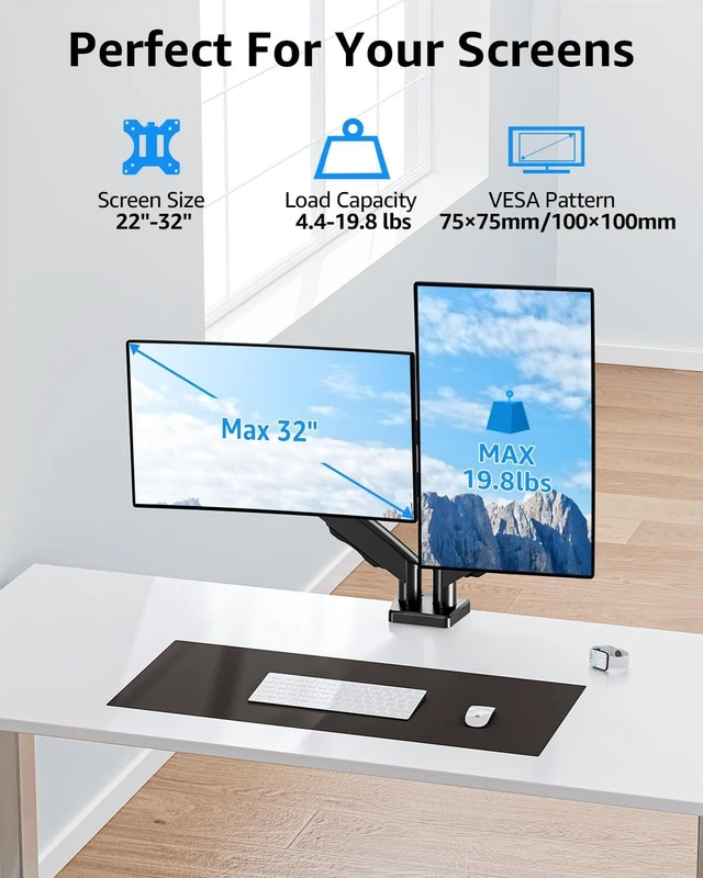 Alt view image 2 of 5 - Dual Monitor Stand fits up to 32 inch, 4.4-19.8 lbs Computer Screens, Dual Monitor Desk Mount Height Adjustable, Monitor Arms for 2 Monitors, Home Office VESA Mounts, Freelift Black