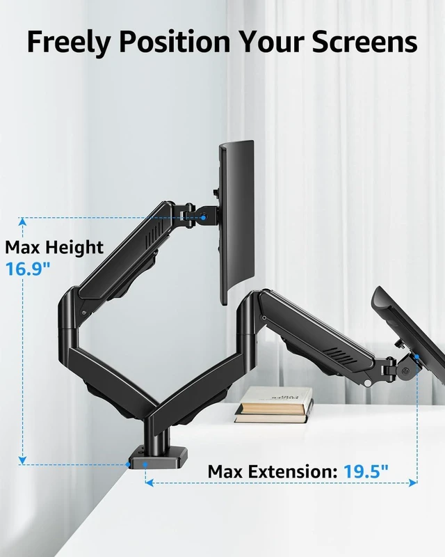 Alt view image 5 of 5 - Dual Monitor Stand fits up to 32 inch, 4.4-19.8 lbs Computer Screens, Dual Monitor Desk Mount Height Adjustable, Monitor Arms for 2 Monitors, Home Office VESA Mounts, Freelift Black