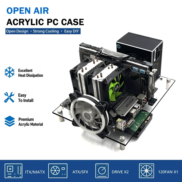Alt view image 2 of 5 - Open Air Acrylic PC Test Bench Case, Transparent Open Frame Computer Chassis for MATX/ITX Motherboards, Superior Cooling Design, Easy Assembly, DIY Gaming PC Test Platform
