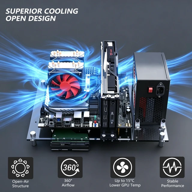 Alt view image 3 of 5 - Open Air Acrylic PC Test Bench Case, Transparent Open Frame Computer Chassis for MATX/ITX Motherboards, Superior Cooling Design, Easy Assembly, DIY Gaming PC Test Platform