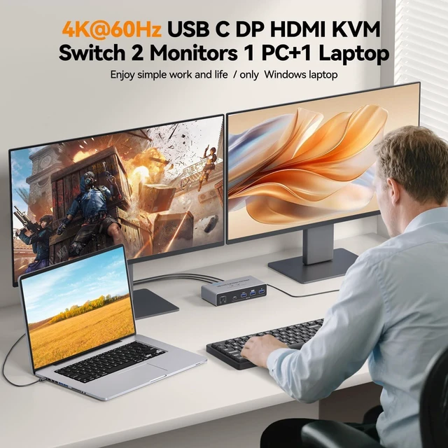 Alt view image 4 of 5 - KVM Switch 2 Monitors for Desktop and Laptop, Dual Monitor USB C KVM Switch