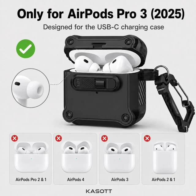 Alt view image 2 of 5 - KASOTT for AirPods Pro 3 Case (2025), MagSafe, Secure Slide Lock, Carabiner