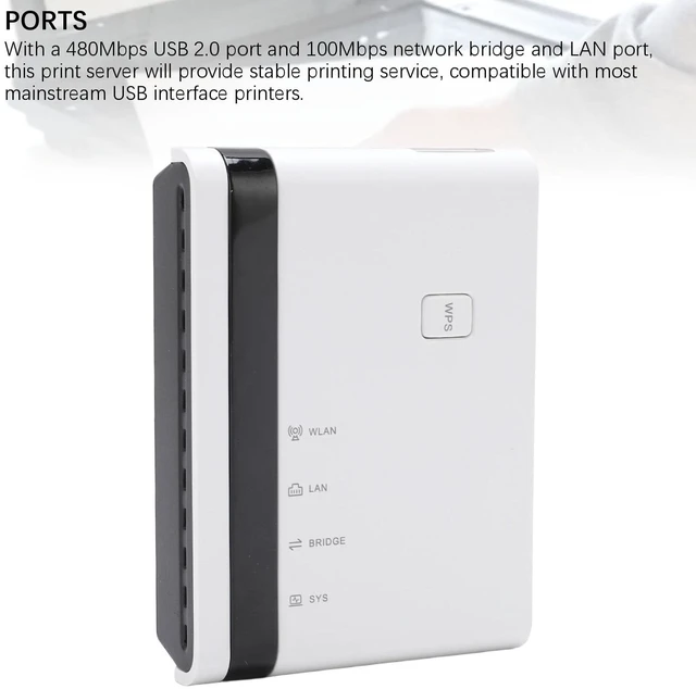 Alt view image 4 of 5 - ASHATA Wireless Print Server, 10/100Mbps Ethernet Bridge Network Print Server Support 4 Printers, Wired / 2.4G Wireless Network/Standalone Mode, Compatible with Wins 7 8 10 11 OS X (US)