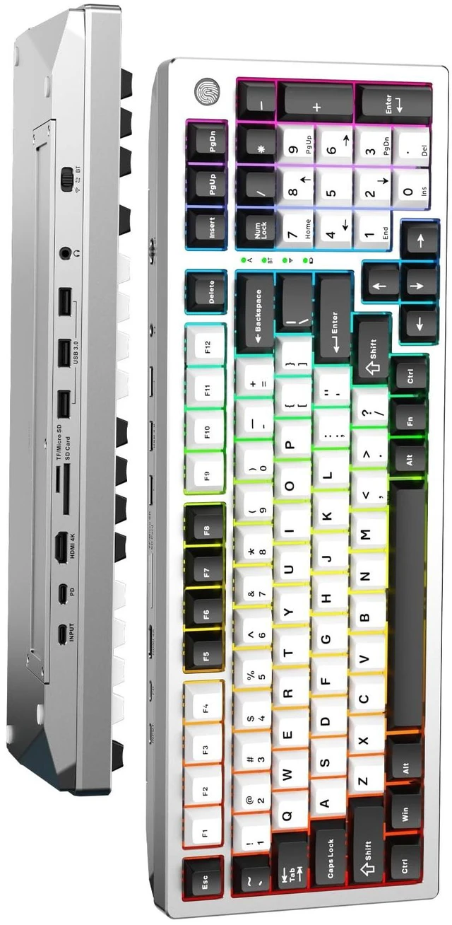 Alt view image 2 of 5 - Sequin XQT FH98 Aluminum Mechanical Keyboard with USB-C Hub, Fingerprint Reader for Windows 10/11 Hello,Full Size,Docking Station with 4K HDMI,USB 3.0,PD100W,Triple-Mode,Anodized Silver