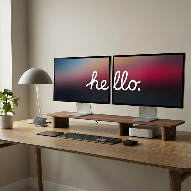 Main image of FISUA Walnut Dual Monitor Stand Riser - 43.3" Extra Long Wooden Monitor Stand for 2 Monitors, Desk Shelf Organizer for iMac, Laptop & Ultrawide Displays, Natural Wood Grain