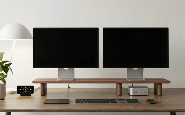 Alt view image 2 of 5 - FISUA Walnut Dual Monitor Stand Riser - 43.3" Extra Long Wooden Monitor Stand for 2 Monitors, Desk Shelf Organizer for iMac, Laptop & Ultrawide Displays, Natural Wood Grain