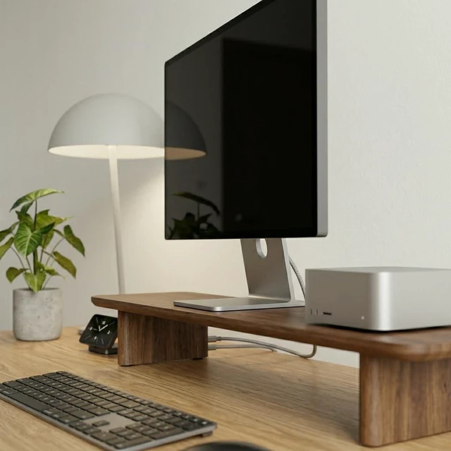 Alt view image 5 of 5 - FISUA Walnut Dual Monitor Stand Riser - 43.3" Extra Long Wooden Monitor Stand for 2 Monitors, Desk Shelf Organizer for iMac, Laptop & Ultrawide Displays, Natural Wood Grain