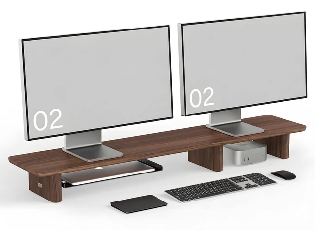 Alt view image 3 of 5 - FISUA Walnut Dual Monitor Stand Riser - 43.3" Extra Long Wooden Monitor Stand for 2 Monitors, Desk Shelf Organizer for iMac, Laptop & Ultrawide Displays, Natural Wood Grain