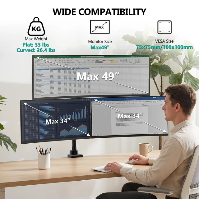 Alt view image 2 of 5 - WALI Stacked Triple Monitor Mount for 49" UItrawides and Dual 34" Monitors