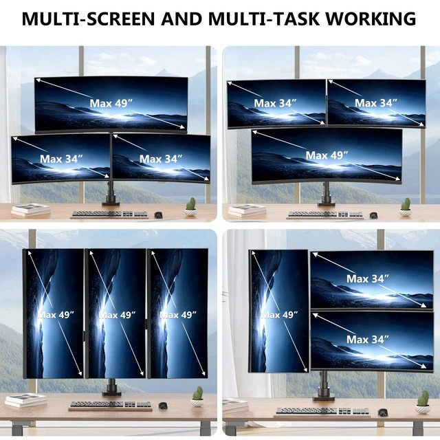 Alt view image 4 of 5 - WALI Stacked Triple Monitor Mount for 49" UItrawides and Dual 34" Monitors
