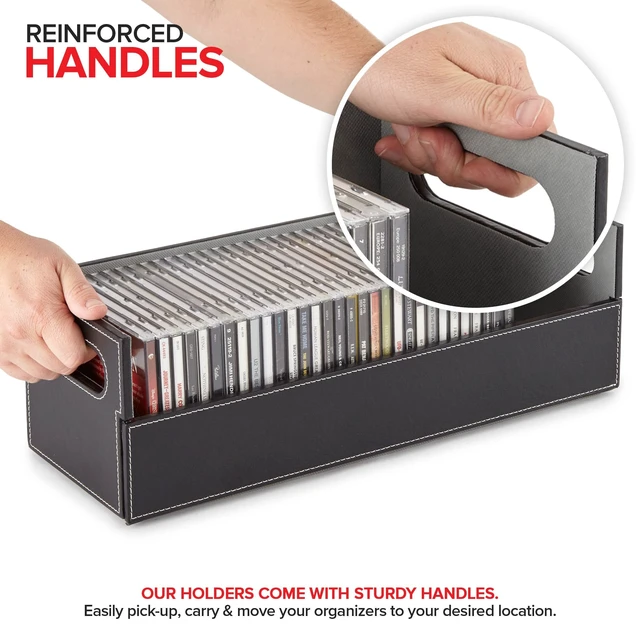 Alt view image 2 of 5 - Stock Your Home 2- Pack CD Storage Box, Organizer Shelf for Movie Cases, DVDs, Cassette Tape Display Stand, Disc Holder Can Store Up to 40 CDs, Faux Leather (Black with Gray Interior)