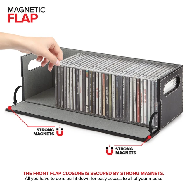 Alt view image 5 of 5 - Stock Your Home 2- Pack CD Storage Box, Organizer Shelf for Movie Cases, DVDs, Cassette Tape Display Stand, Disc Holder Can Store Up to 40 CDs, Faux Leather (Black with Gray Interior)