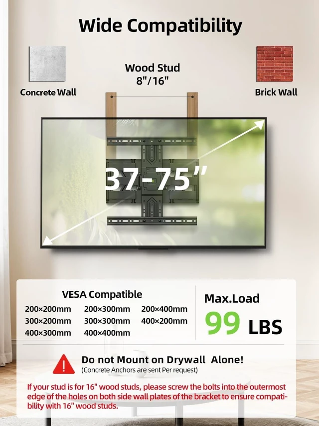 Alt view image 2 of 5 - USX MOUNT Ultra Slim TV Wall Mount 37-75 Inch TVs Mount with Swivel and Tilt, Low Profile Full Motion Bracket with Articulating Dual Arms, Up to VESA 400X400 mm Max 16" Wood Studs, Holds 99lbs