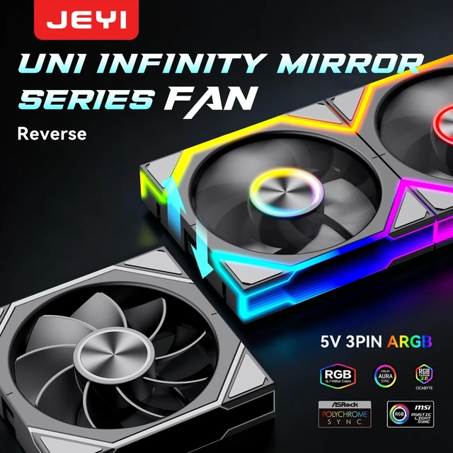 Alt view image 3 of 5 - JEYI 120mm ARGB Case Fan 3-Pack Daisy Chain PWM Reverse, Black