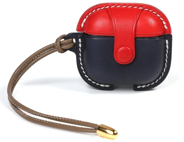 Main image of Handmade Genuine Leather Case for AirPods 4, Shockproof Protective Earbuds Cover with Dual Lanyards, Wireless & Wired Charging Accessible (Type-c-Blue+Red, Apple AirPods 4)