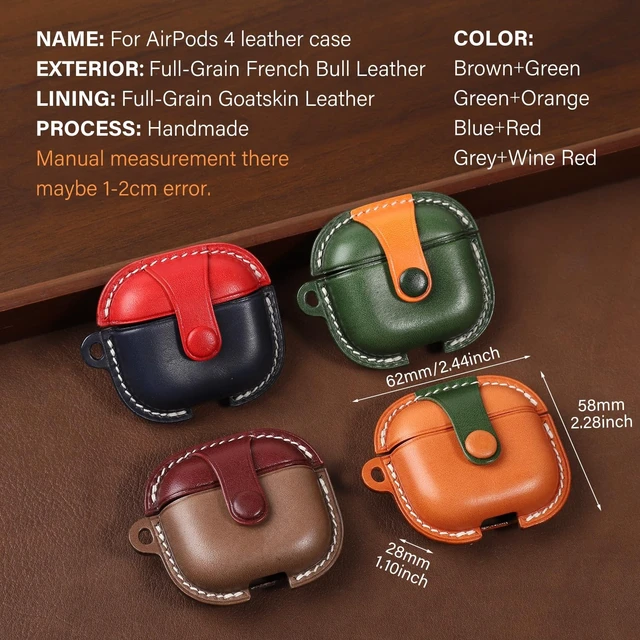 Alt view image 2 of 5 - Handmade Genuine Leather Case for AirPods 4, Shockproof Protective Earbuds Cover with Dual Lanyards, Wireless & Wired Charging Accessible (Type-c-Blue+Red, Apple AirPods 4)