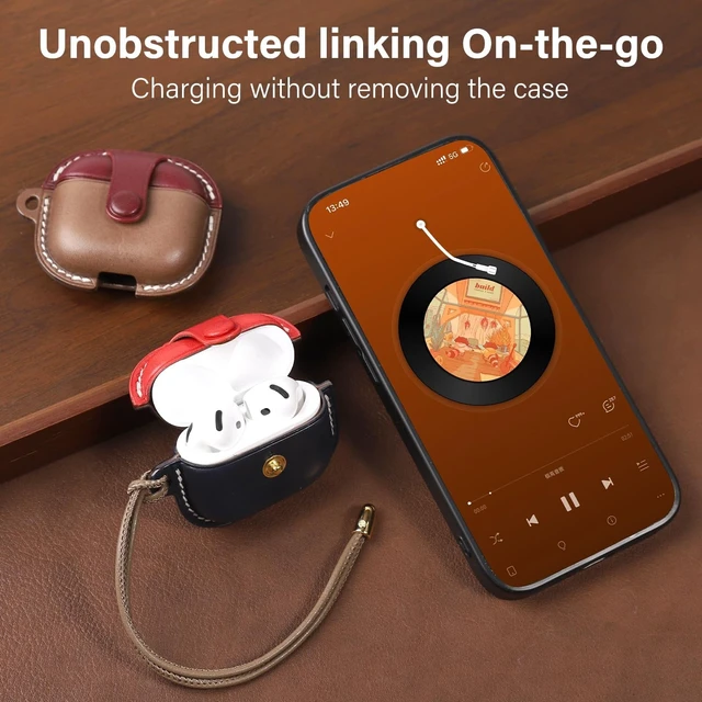 Alt view image 5 of 5 - Handmade Genuine Leather Case for AirPods 4, Shockproof Protective Earbuds Cover with Dual Lanyards, Wireless & Wired Charging Accessible (Type-c-Blue+Red, Apple AirPods 4)