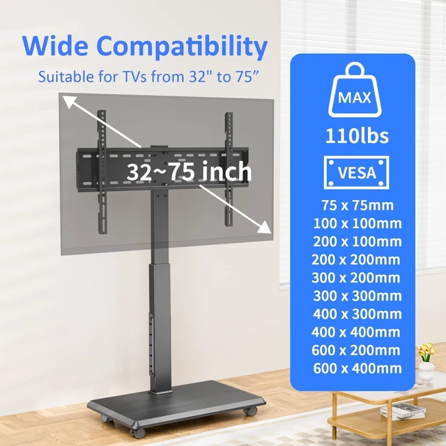 Alt view image 2 of 5 - Rolling TV Stand with Power Outlet for 32-75 Inch TVs, 110 lbs Capacity