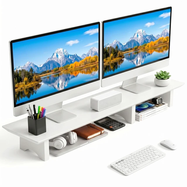 Main image of Aothia 43 in White Dual Monitor Stand, Monitor Riser for Desk, Solid Wood